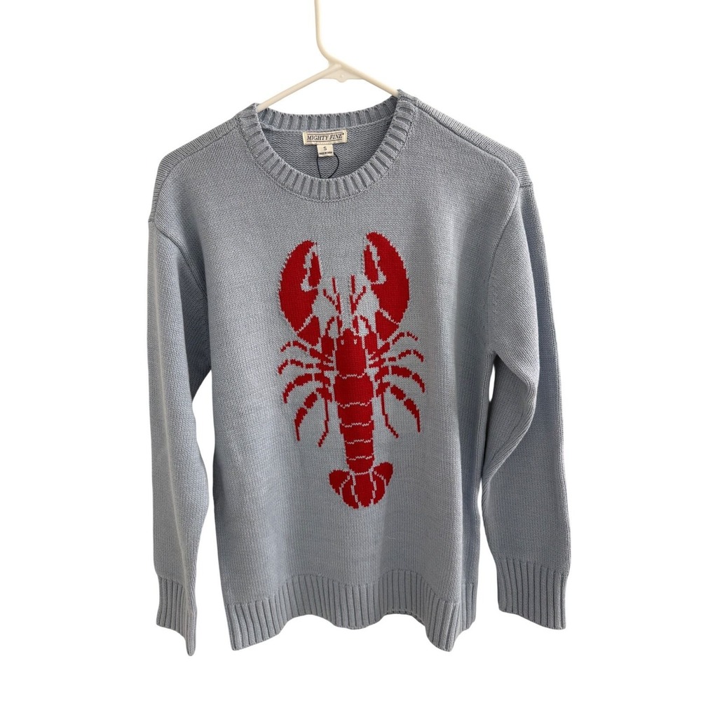 Mighty Fine Womens Lobster Graphic Crewneck Sweater Light Blue Red Small NWT